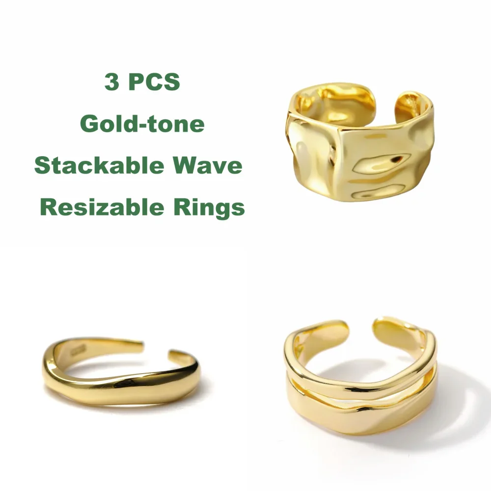 3pcs Stackable Resizable Stainless Steel Wave Cuff Ring Set