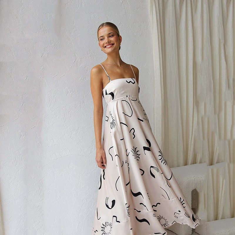 

Летние модные платья-бретельки с принтом для женщин, элегантное сексуальное платье-пуловер с открытой спиной и высокой талией до щиколотки