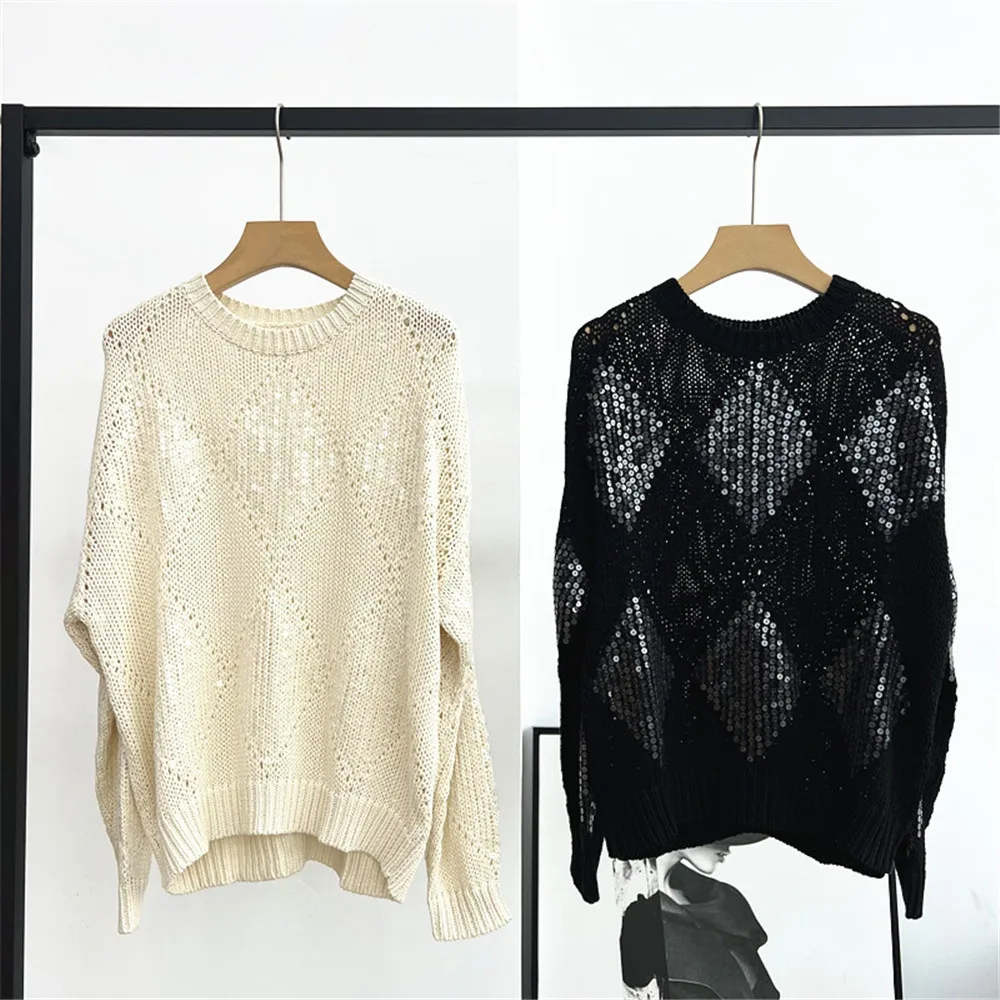 

25 Early Autumn New Women's Pullover Round Neck Sequined Hollow Loose Wool Knitted Sweater
