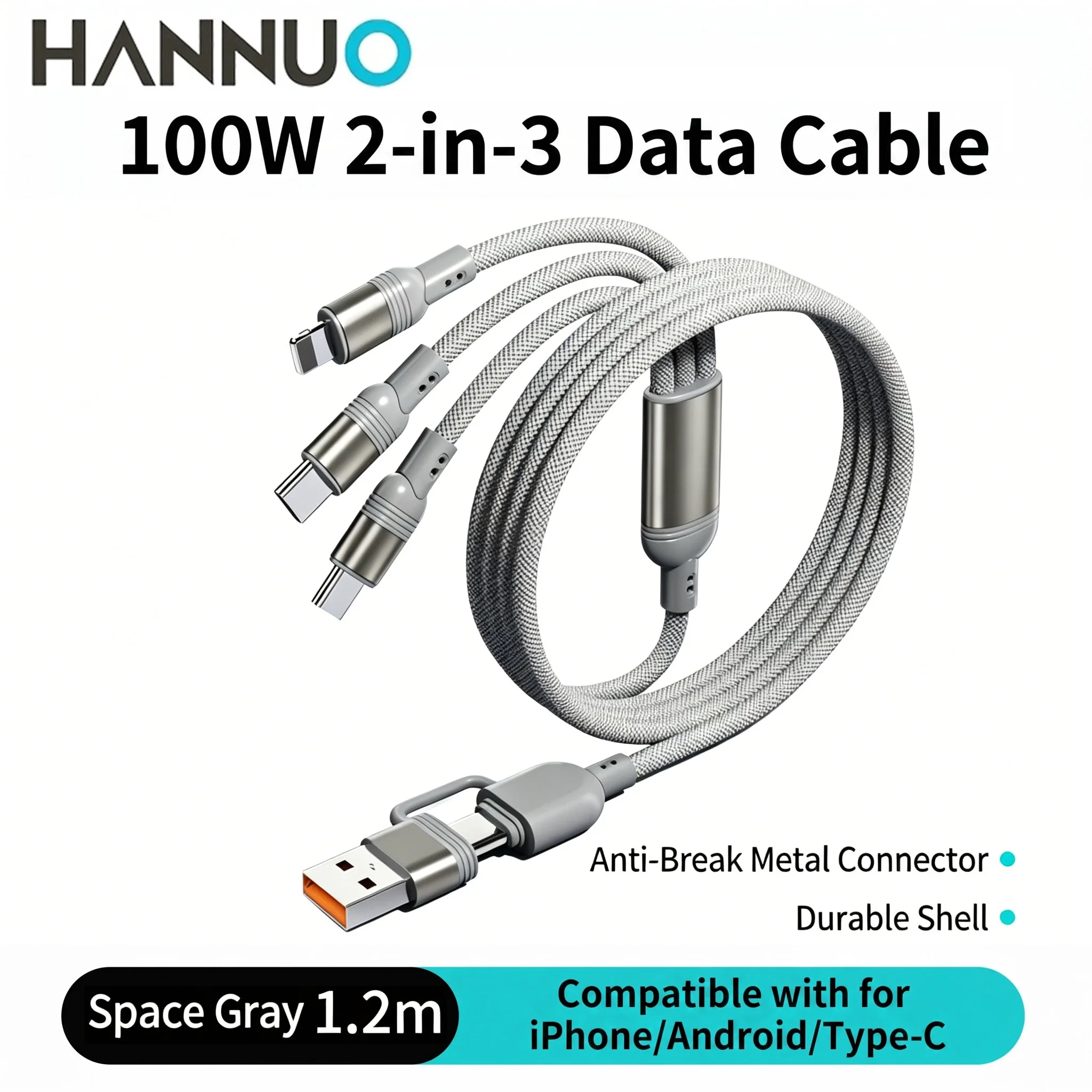 HANNUO 100W 3 in 2 Fast USB C Cable Multi Usb Port Multiple Usb Charging Cord Micro Usb Type C Charger Cable for iPhone Samsung