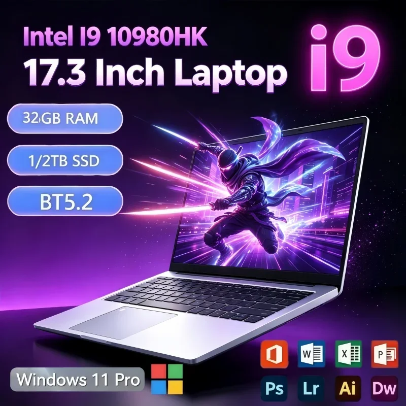 Multifunctional 17.3" Laptop Intel Core I9‑10980HK 32GB RAM 2TB SSD Windows11 Fingerprint Recognition High Speed Notebook PC