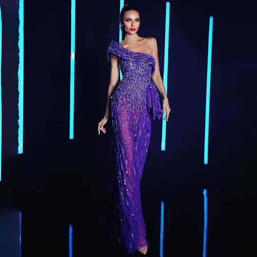 Luxury Purple Pearls Evening Party Dress Long Mermaid Prom Dresses Strapless Rope de Soirée 2025 Birthday Night Wear Customize