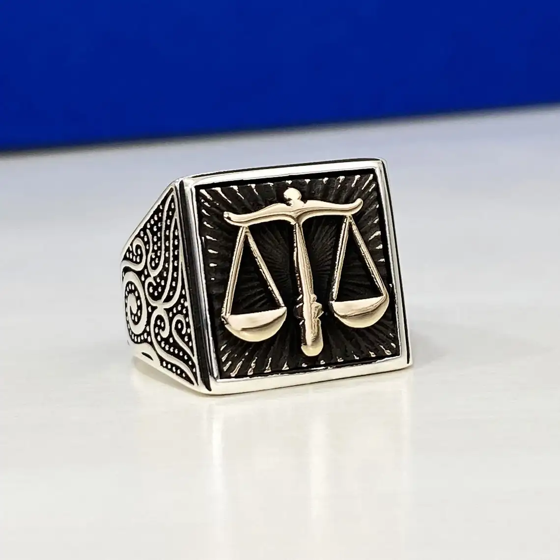 

Solid 925 Sterling Silver Libra Motif Lawyer Ring Men's Exclusive Business Jewelry Accessory Made In Turkey Gift Him