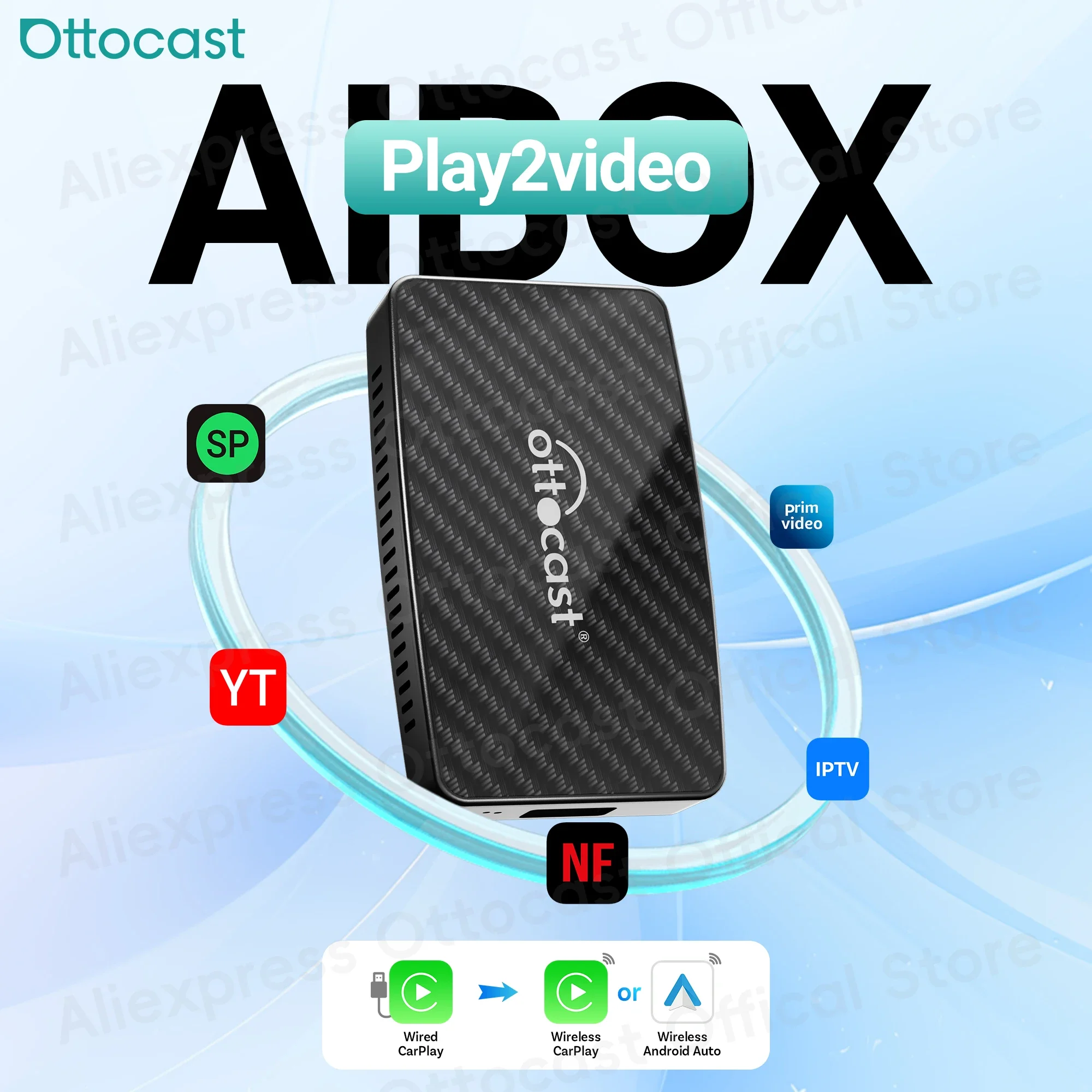 OTTOCAST Play2Video AI Box for Youtube Netflix Wireless CarPlay Android Auto Adapter Car Accessories for Benz Toyota VW Kia Niss