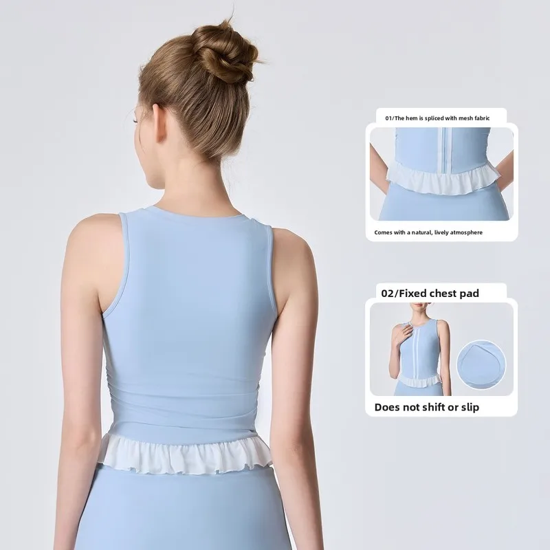 Women's Summer Sleeveless Vest Tops Ruffle Hem Yoga Sports Shirts Built-in Bra Push Up Casual Tank Tops
