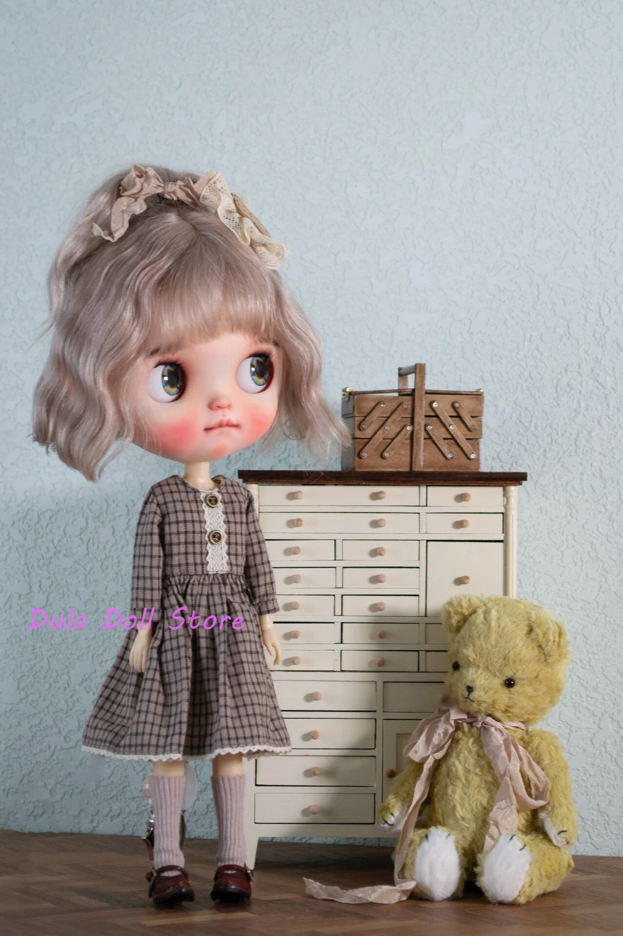 

Dula Doll Clothes Dress Navy blue plaid lace trim dress s Blythe Qbaby ob24 ob22 Azone Licca ICY JerryB 1/6 Doll Accessories