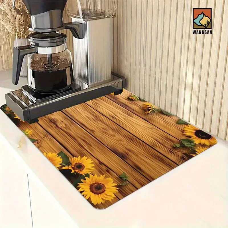 VIKAMA Rustic Sunflower Wooden Board Printed Drying Pad Non Slip Coffee Bar Drain Tableware Mat Kitchen Accessories