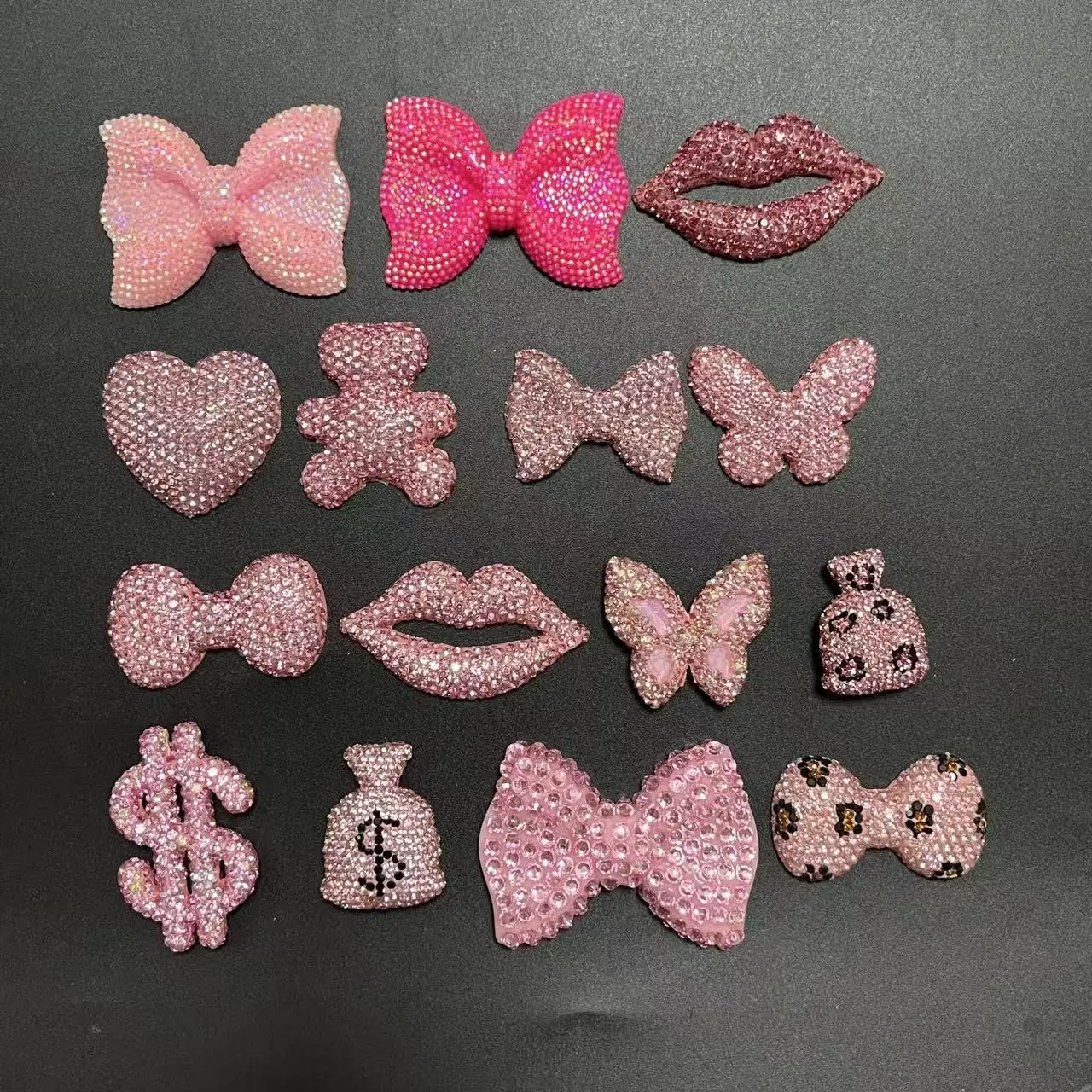 2Pcs Kawaii Bling Pink Diamond Bow Tie Momey Bag Junk Phone Case Decoration Charm Accessories Flat Back Scrapbooking DIY Craft