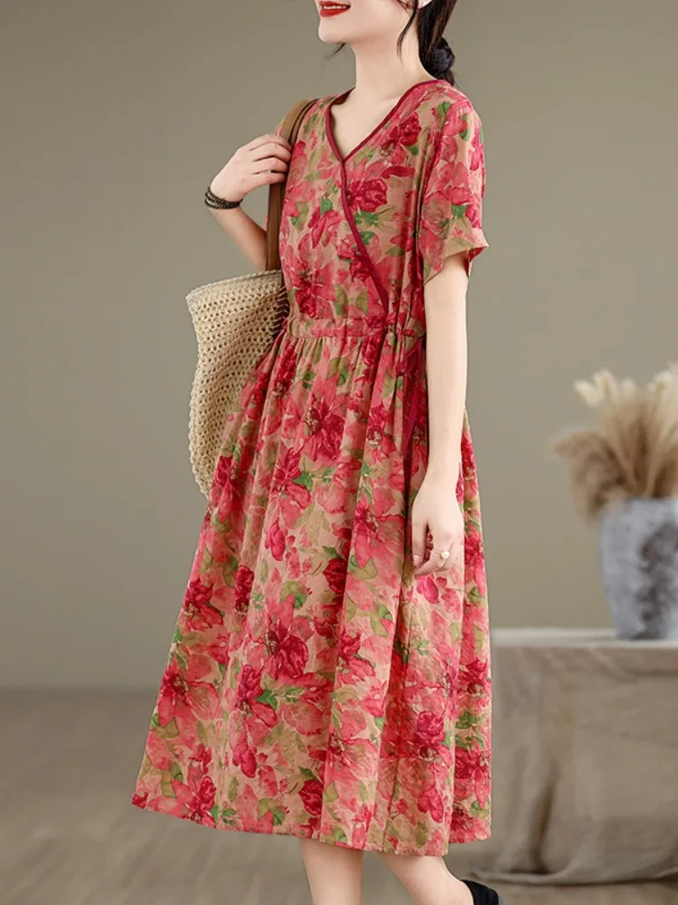 Sommer Baumwolle Leinen ort Sve Dr Damen Künstlerischer Retro-Druck Kleine Größe Taille Cinching Dstring Schlankheits-Midirock