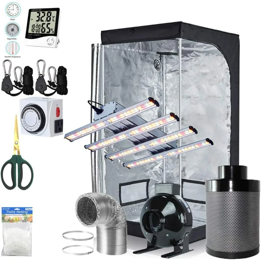 1200W LED  32''x32''x63'' 600D Mylar Grow Tent Room, 4'' Inline Fan Air Carbon Filter Ventilation System Indoor Plan t Grow Tent