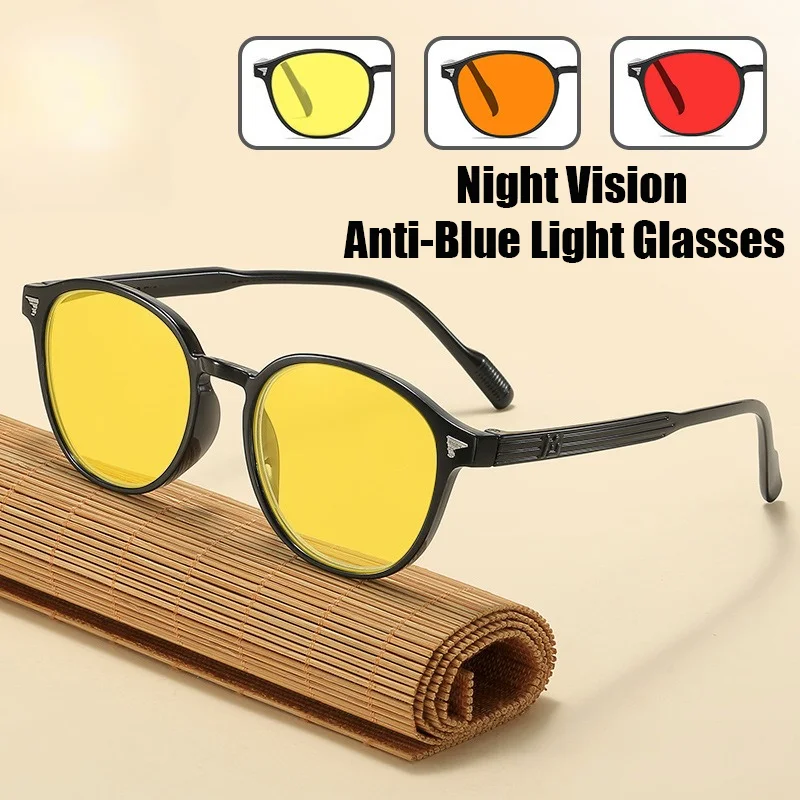 

Vintage Studded Round Frame Night Vision Blue Light Protection Glasses Unisex Orange and Red Lenses Gaming Protective Eyewear