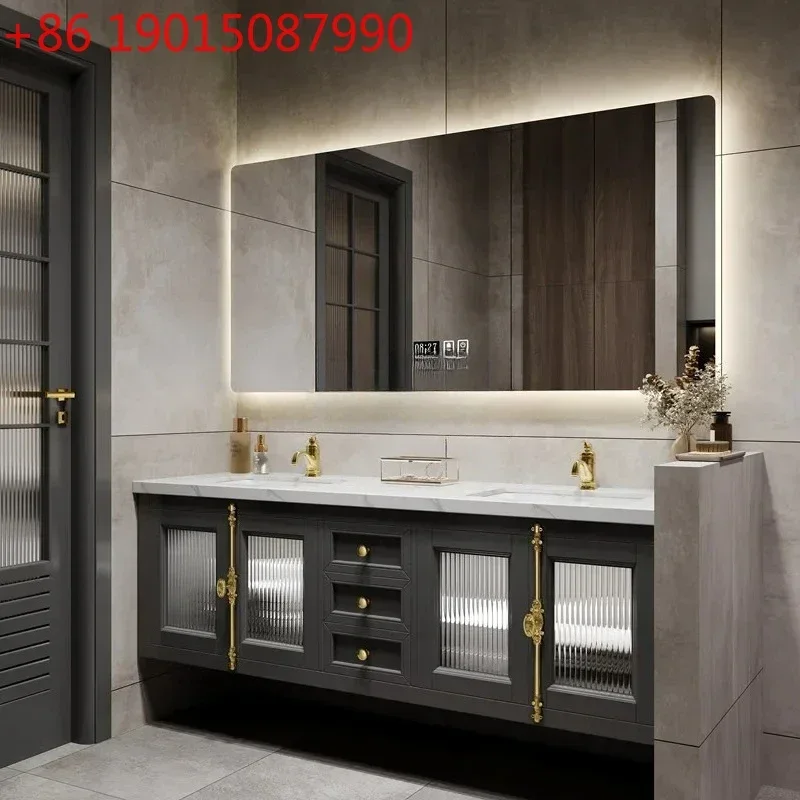 

Stone Plate Bathroom Cabinet Combination Simple Modern French Oak Washbasin Bathroom Double Basin Smart Mirror Waterproof