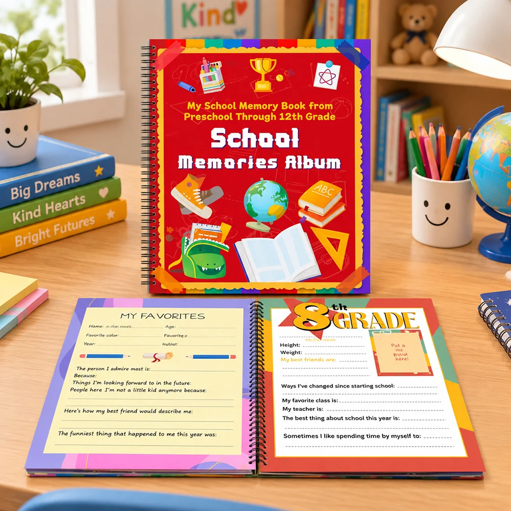 School Memory Book Gift for Kids Spirals Bound Keepsake Album for Preschool through 12th Grade Photo Organization Notebook