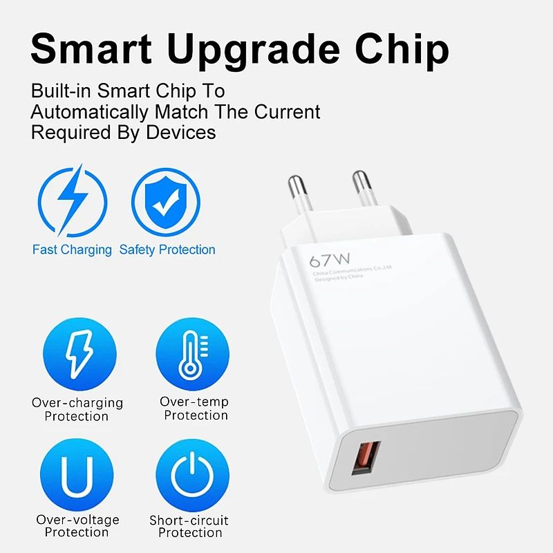 EU 6A 67W Ultra Fast Charger For Xiaomi 10 11 12 13 14 Redmi Note 11T 12 13 Pro POCO F4 F5 X4 X5 Turbo Rapid Charge Type C Cable