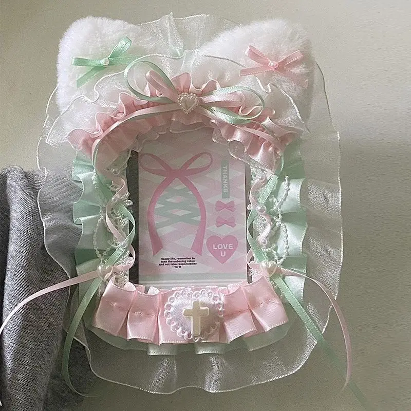 

Высоко привлекательный, оригинальный держатель для карт ручной работы, сделай сам, плюшевые кошачьи уши, милый держатель для карт с кружевной отделкой