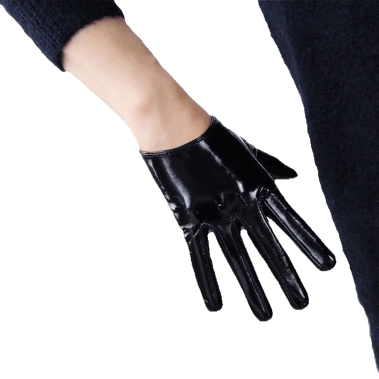 DooWay Super Short Half Palm Gloves Shiny Oil Glossy Black Faux Latex Leather Fashion Stage Evening Party Midnight Club Gloves