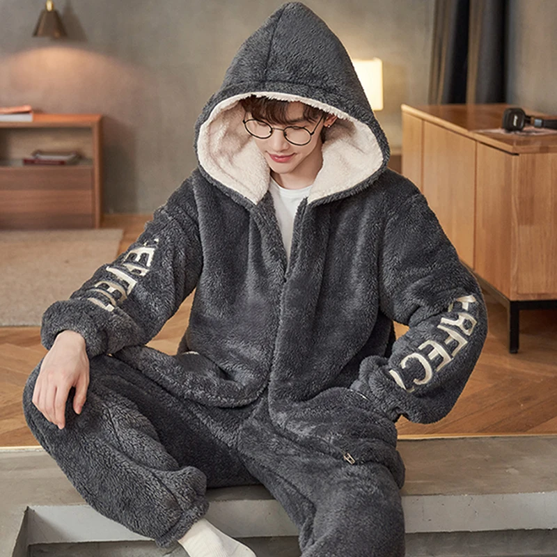 DAIMELU Hooded Pajamas Men's Winter sleepwear set Warm Coral Fleece long Sleeves Plush Thickened Plush nightwear Student Suit