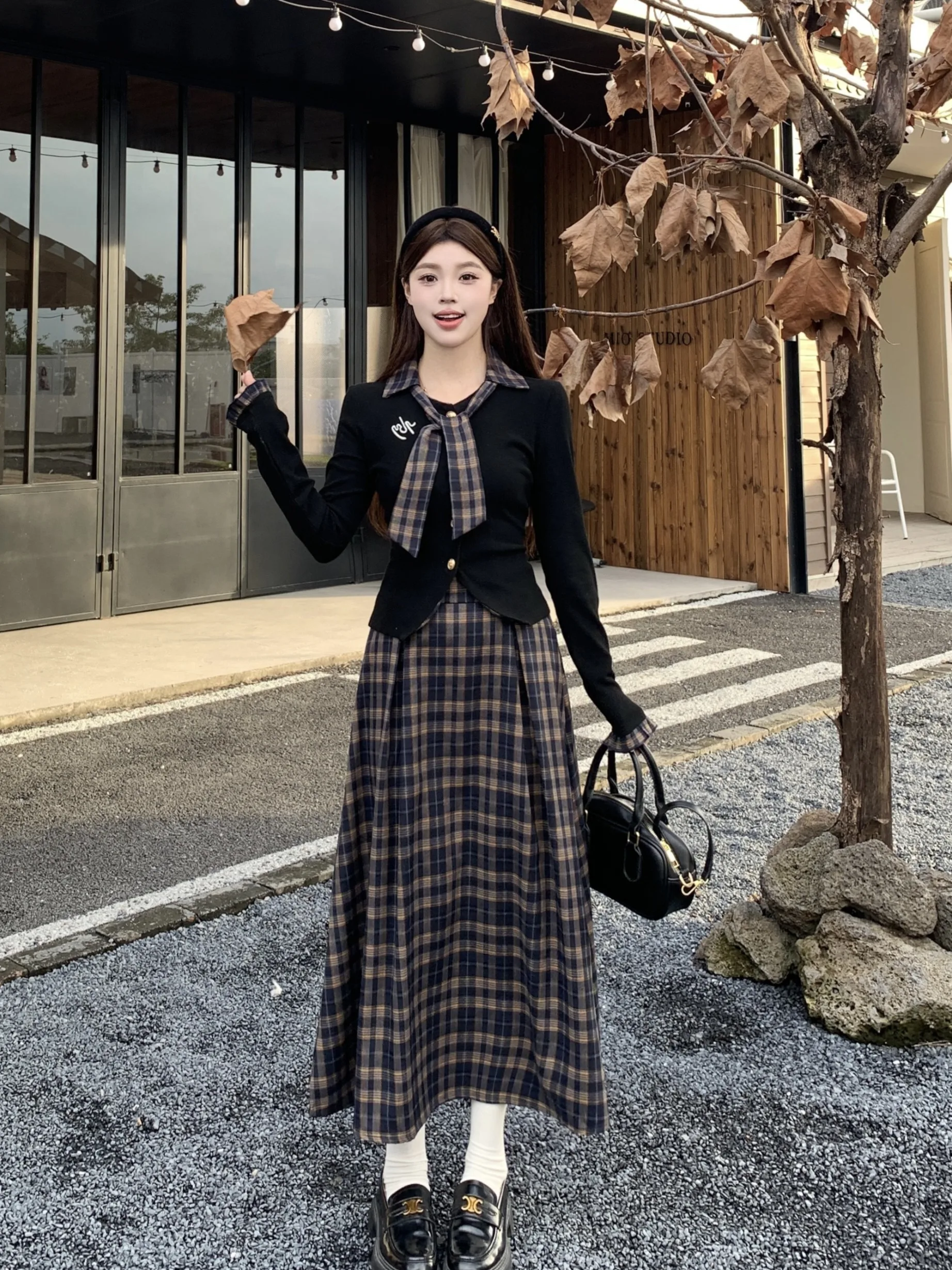 

plus Size Women's College Sle Patterned Long Sve Dr with Belt High Waist Autumn Winter Slimming Skirt Set Faionable...