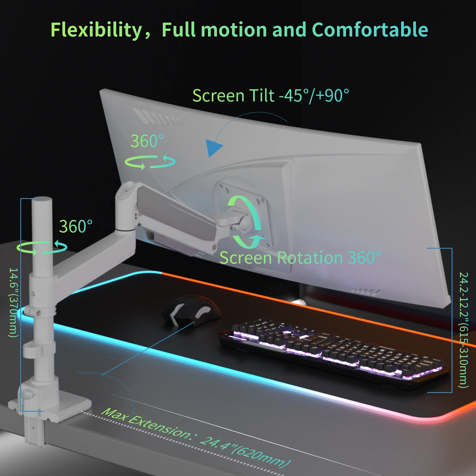 Heavy Duty Monitor Arm for 17-60 Inch Monitor Fully Adjustable Desk Mount Stand White H9 Fits 57 55 49 Inch Screens H9B