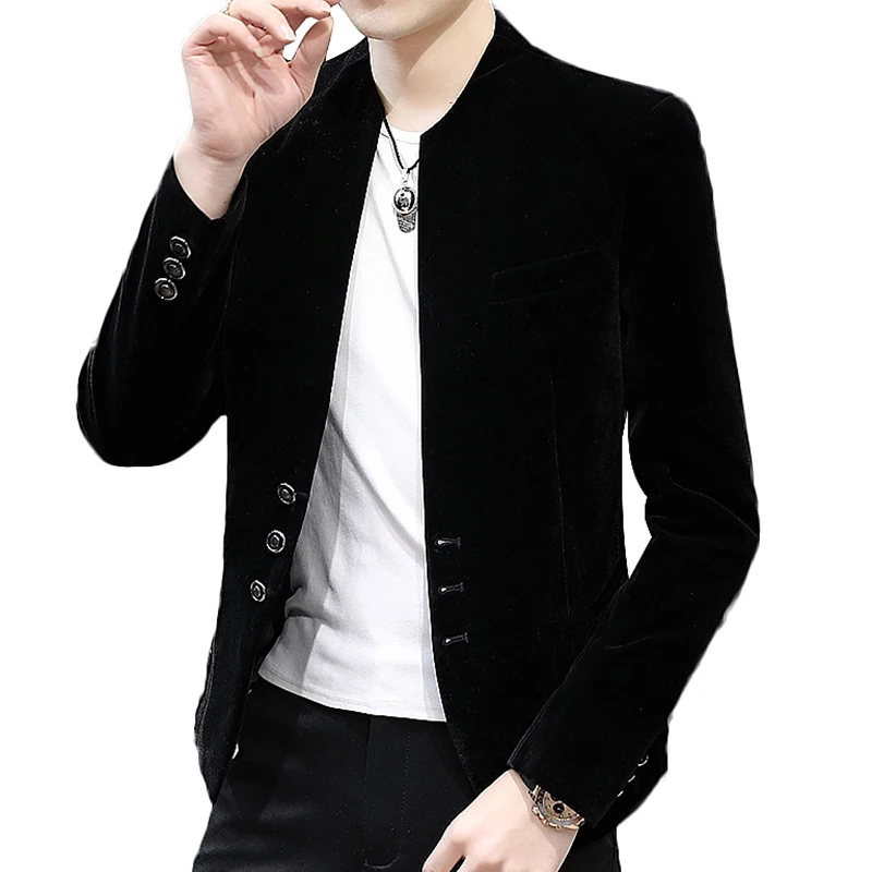 New boutique fashion handsome trend canary velvet small yuan collar suit Korean version slim handsome coat Yuan collar shirt