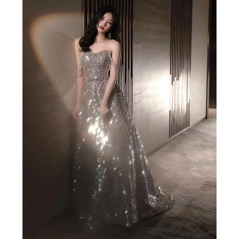 

iny Sexy Evening Gown Mid-Waist Strapl Dr for Annual Meeting Performance Host Sparkling High-End Luxury Little Aud...