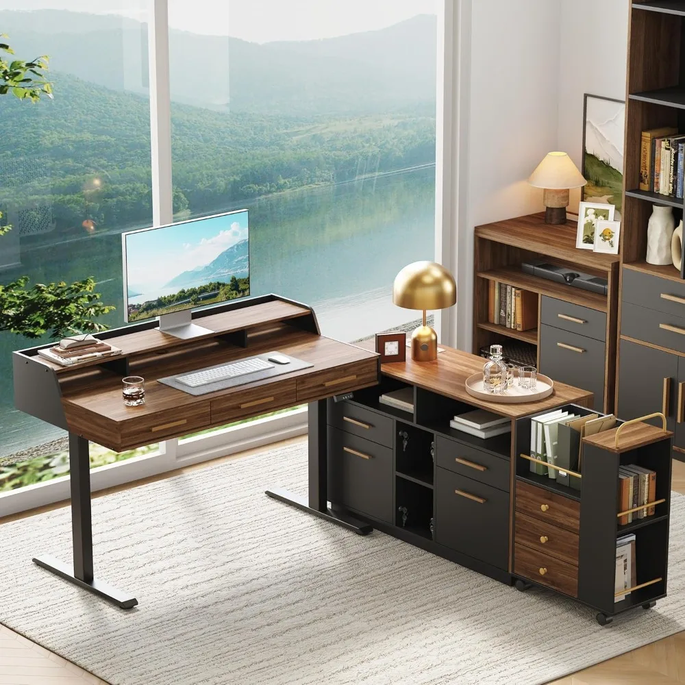 

adjustable 48"x26" desk set with wide file cabinet, ac/usb ports, and lockable mobile file cabinet for home office