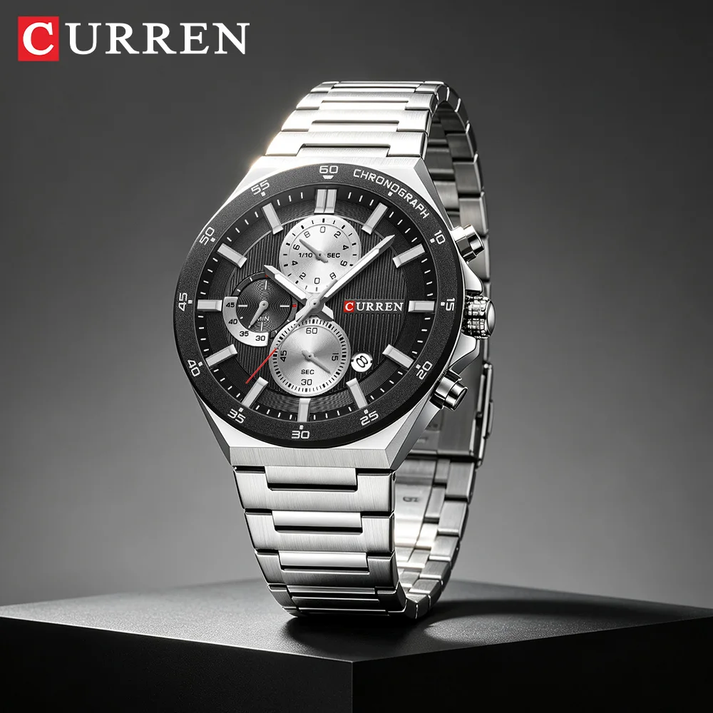 CURREN Fashion Men Chronograph Watch with Black Dial Stainless Steel Bracelet Sport Quartz Wristwatch for Daily Wear Luminous