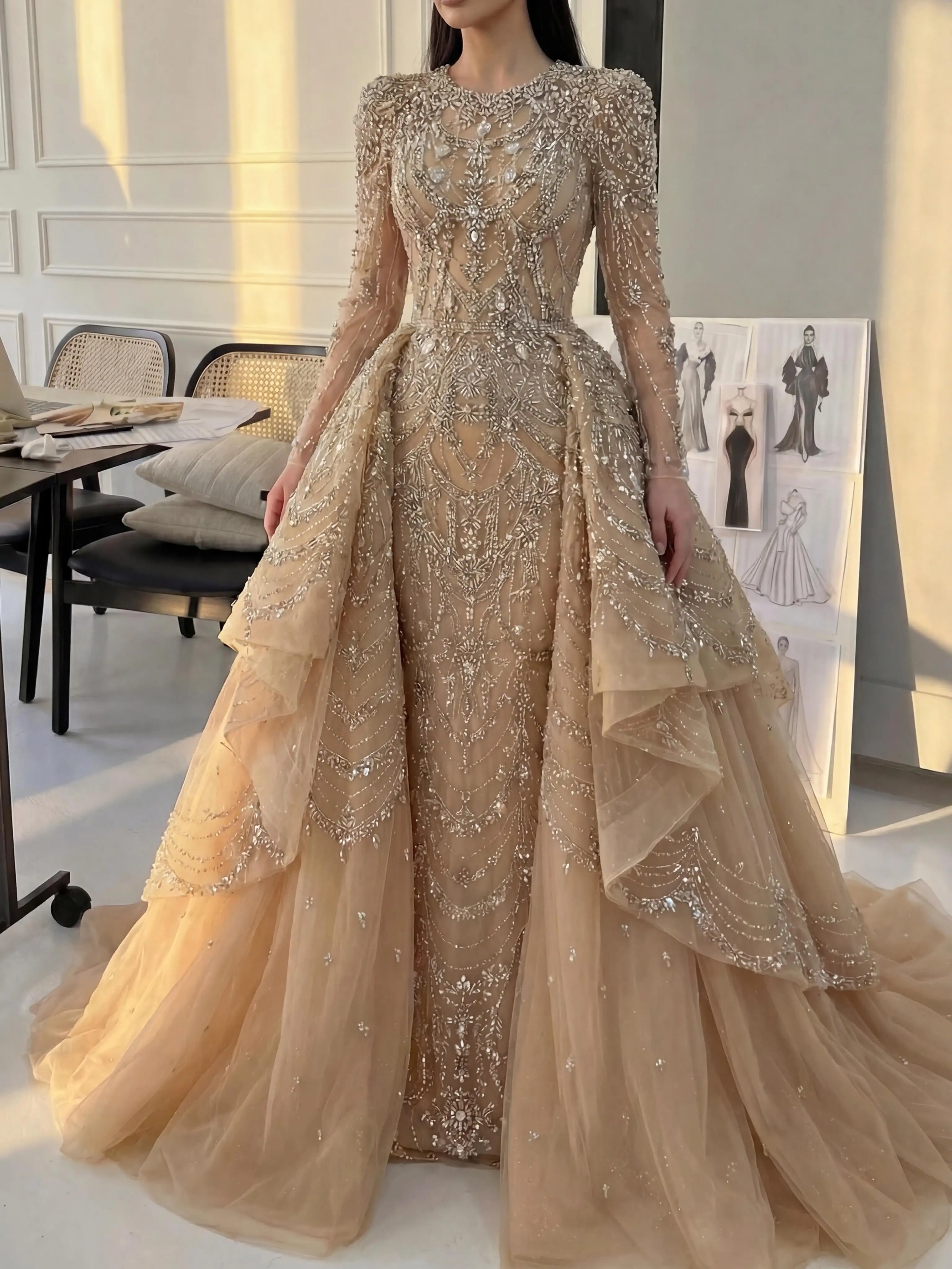 Champagne Evening Dresses Long Sleev Beaded Crystals Prom Dress With Train Cocktail Party Gowns Customized Vestido De Novia 2026