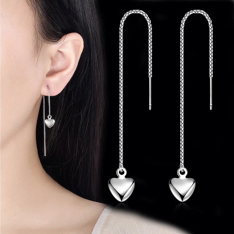 Women's Fashion Long Chain Tassel Drop Earring Romantic Heart-Shape Pendant Elegant Dangle Earring Piercing Line Accessory Gifts