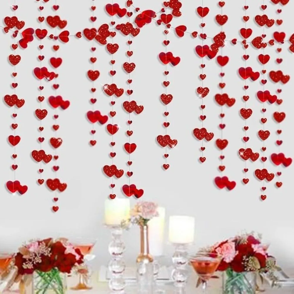 Heart Banner 4m Hanging Love Streamer Romantic Glitter Heart Shape String Paper Reusable Wedding Garland Mothers Day