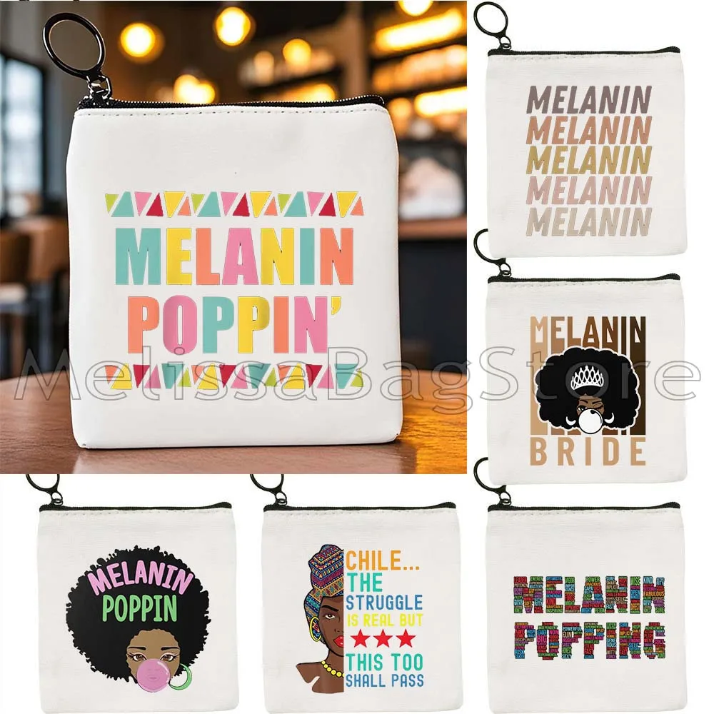 Melanin Poppin Afro Queen Magic Black History Month Woman African American Canvas Coin Purse Key Case Small Bag Wallet Pouch