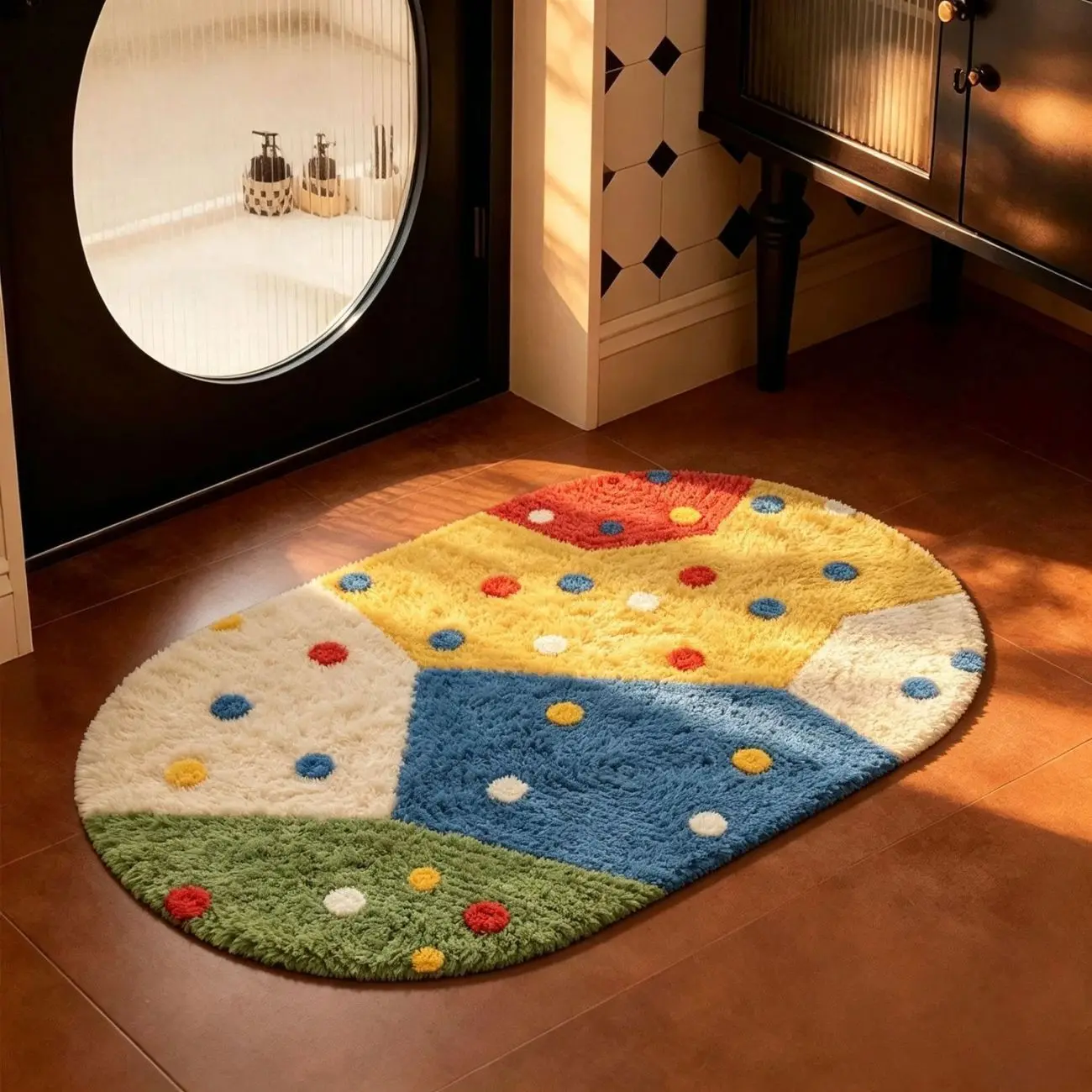 Bath Mat Soft Plush Oval Dopamine Geometric Patchwork Absorbent Non‑Slip Bathroom Shower Entrance Door Rug Home Floor Decor