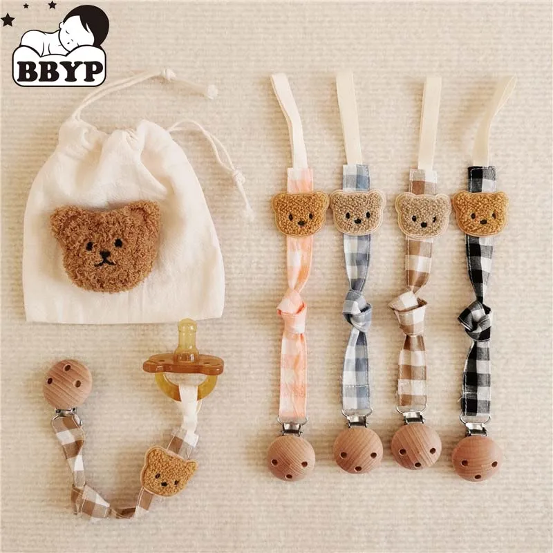 Cartoon Lattice Bear Baby Pacifier Clip Chain Cotton Cartoon Country Style Holder Dummy Handmade Bebe Christmas Gift