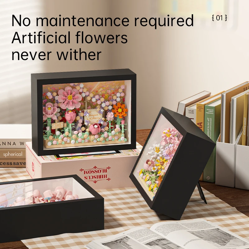 MOC Creative Flower 3D Frame Building Blocks Set, DIY Flower Puzzle with Background Board, Wall & Desk Decor Gift for Girls Kids view 4
