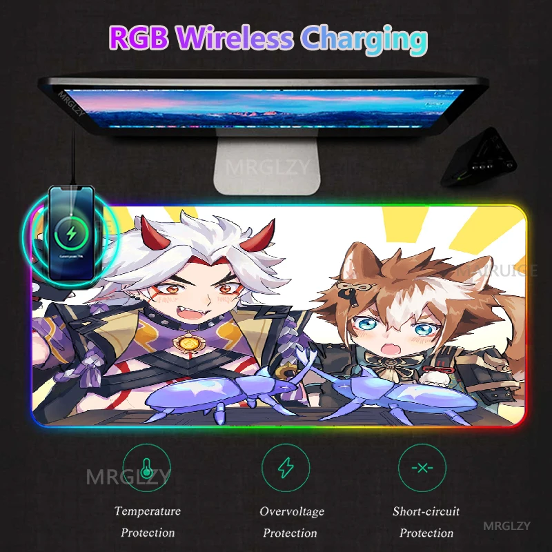 Genshin Impact Gorou RGB Wireless Charging LED Game Accessories Charger Mat Arataki Itto Gaming MousePad Typec Carpet Mouse Pad