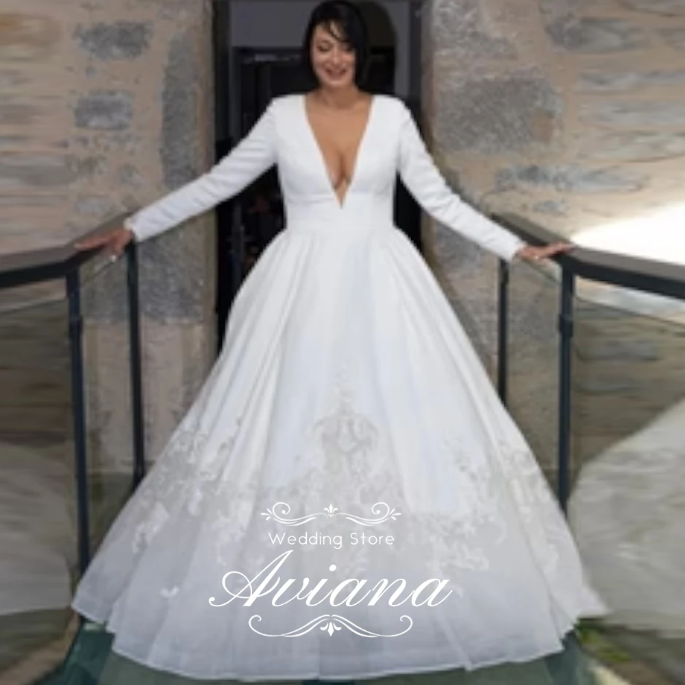 Aviana Wedding Store Elegant Long - Sleeved Deep V - Neck Lace - Embellished Ball Gown Princess Perfect WomanWedding Dress