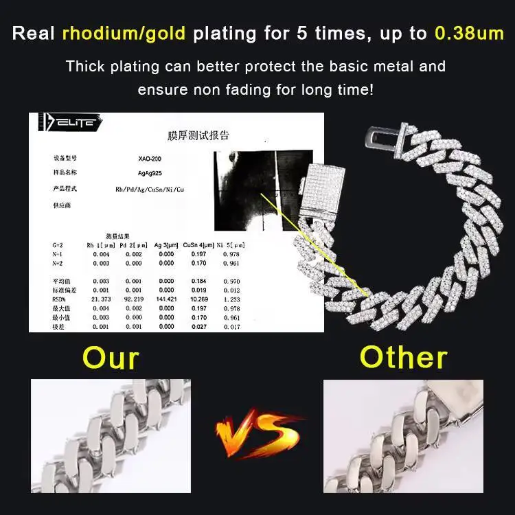8 مللي متر-15 مللي متر عرض 100% تمرير تستر 18 كيلو مطلية بالذهب 2 صفوف VVS مويسانيتي 925 الفضة الكوبية ربط سلسلة لمجوهرات الهيب هوب مغني الراب
