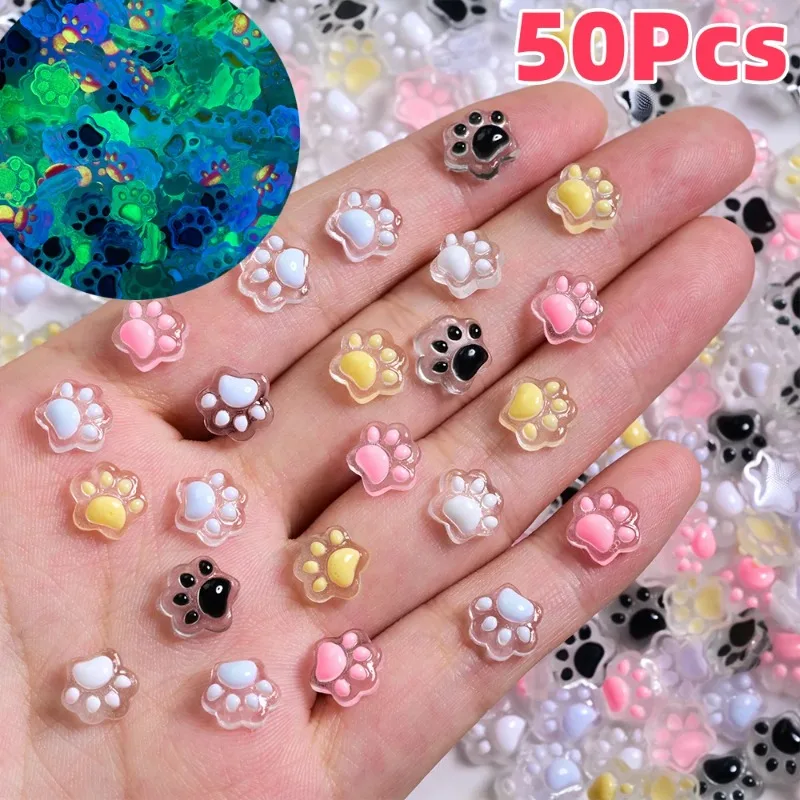50 Pz 3D Luminoso Zampa di Gatto Pendenti E Ciondoli Per Unghie Carino Resina Zampe di Gatto Y2K Unghie artistiche Decorazioni FAI DA TE Clip di Capelli Artigianato Accessori Per Manicure &