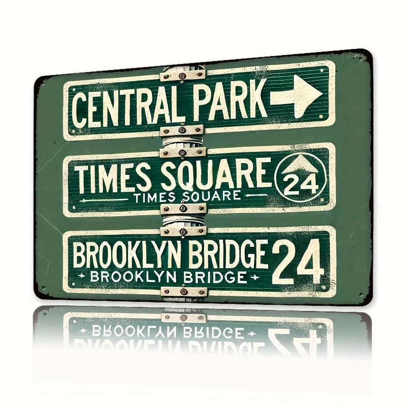 Sinal de metal vintage central park & brooklyn bridge-arte de parede de ferro para casa, quintal ou homem caverna decoração retro verde distresse