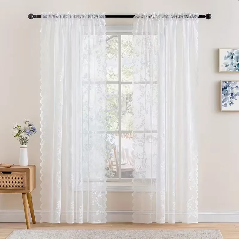 1pc Romantic Country-Style Floral Lace Sheer Curtain Semi-transparent design with rod pocket, machine washable 100% polyester, s