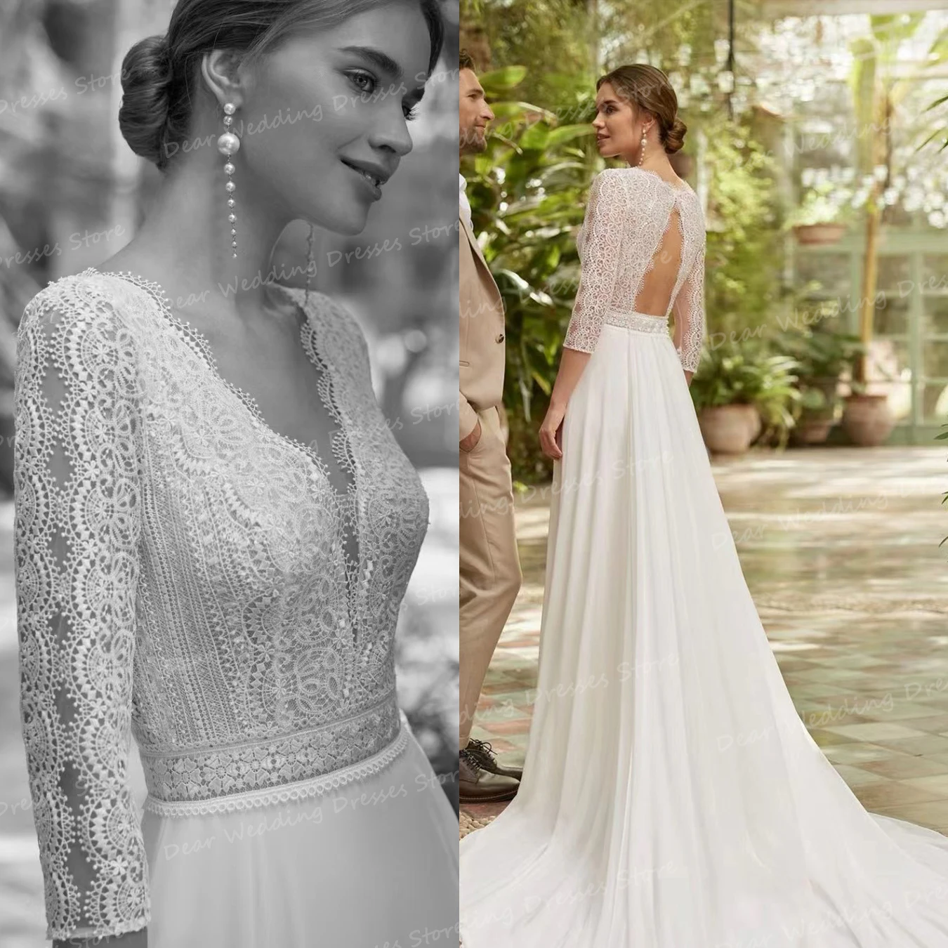 Luxury BOHO A Line Wedding Dresses Women's Sexy Appliques V Neck Long Sleeve Bridal Gowns Bohemia Backless Elegant Soft Vestidos