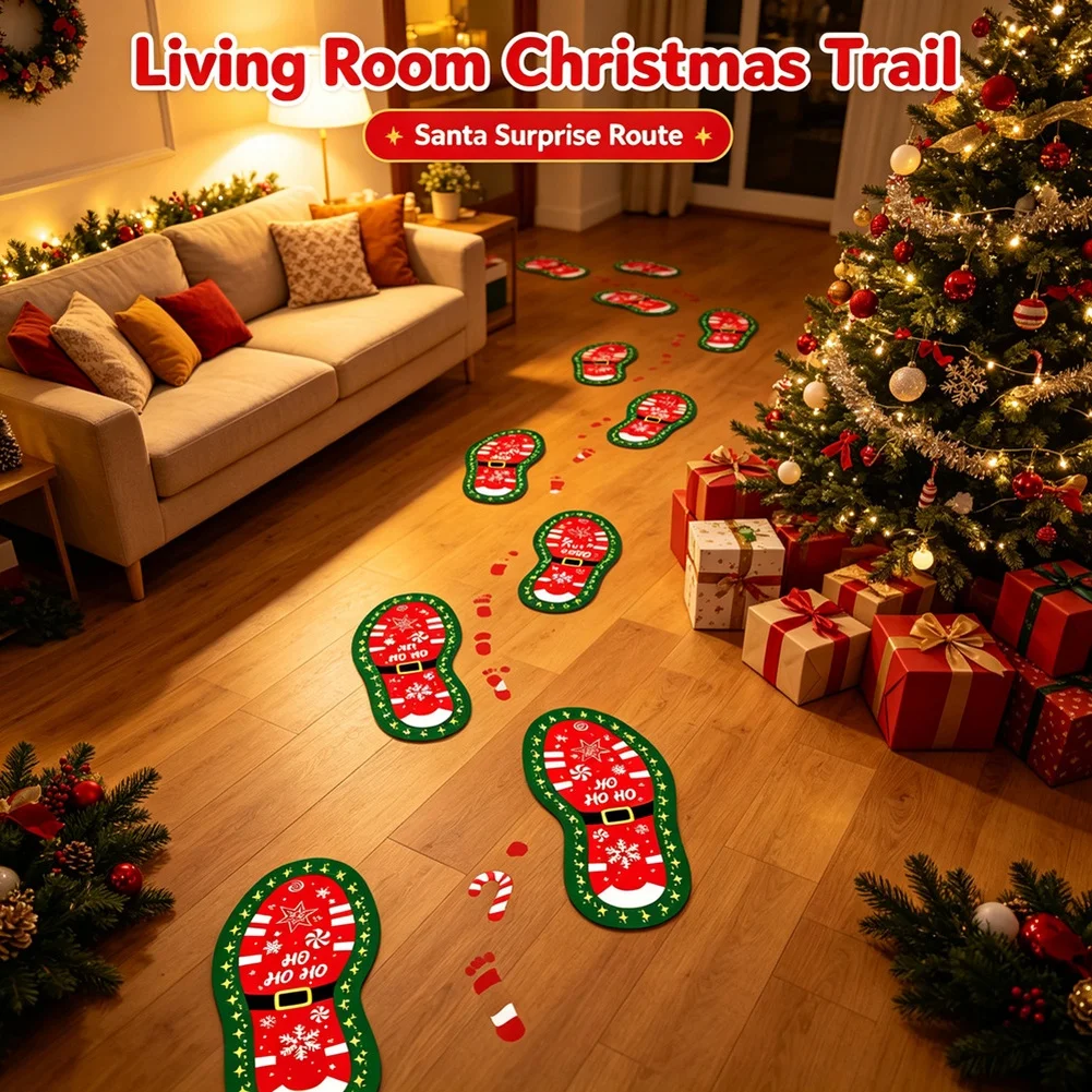 Santa Footprint Stickers 12 Pcs, Holiday Decor For Christmas, Peel And Floor Decals For Festive Home And Party Decoration