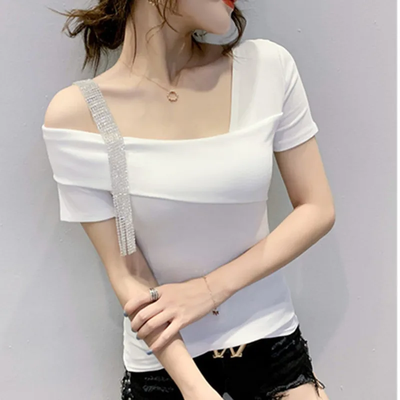 #5301 Summer Sexy Short Sleeve T Shirt Women Skew Collar Diamonds Skinny T Shirt For Girl Solid Color Tee Shirt Korean Fashion