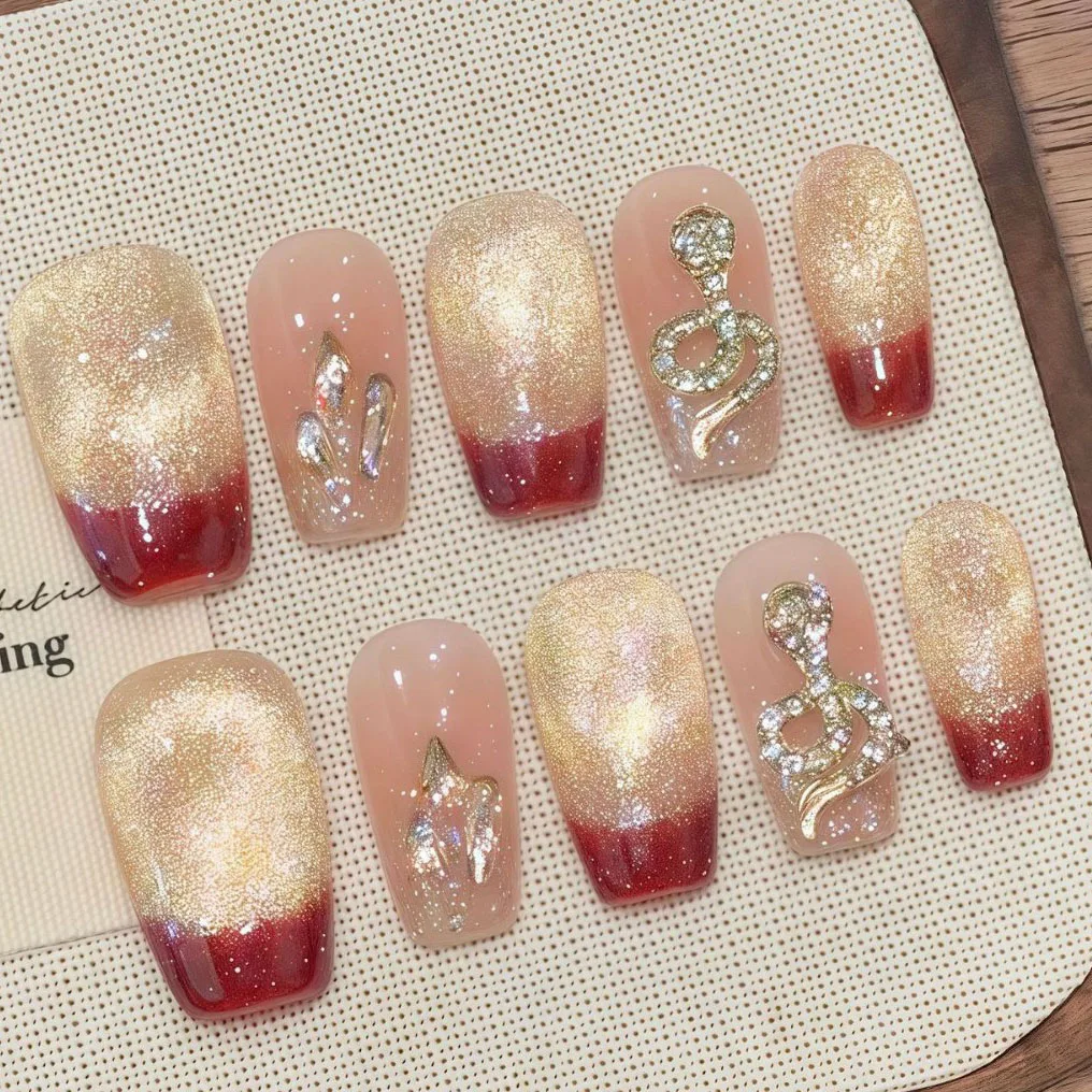 10 قطعة الصحافة اليدوية على الأظافر الأحمر الفرنسية ختم الأفعى مع تألق عين القط مسمار وهمية للنساء للإزالة يمكن ارتداؤها مسمار #4