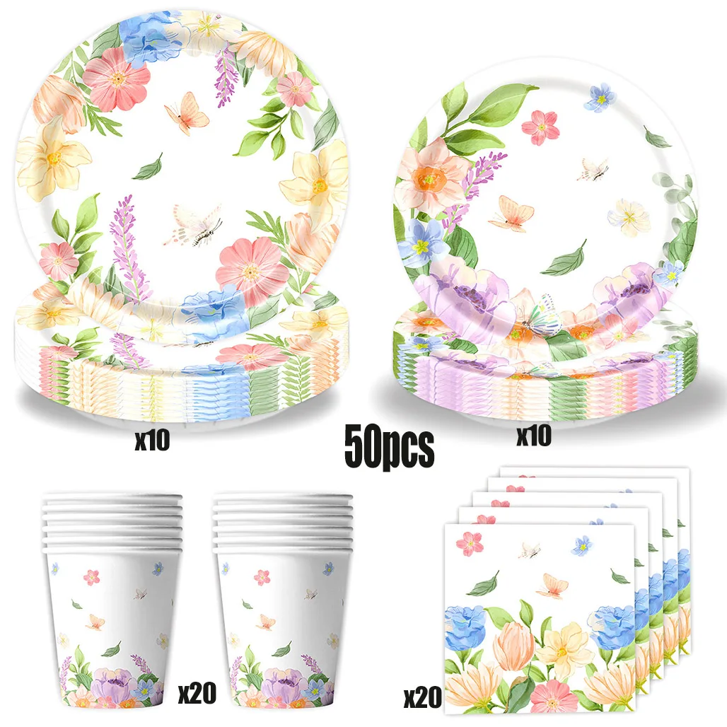 Floral Butterfly Disposable Tableware Set Paper Plates Cups Napkins For Girls Birthday Party Spring Garden Baby Shower Decor - view 2