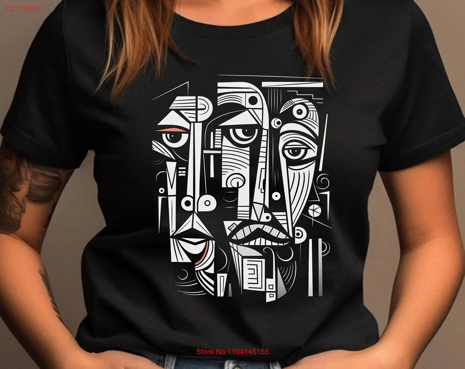 Black and White Abstract Portrait Art t shirt Cubist Modern long or short sleeves