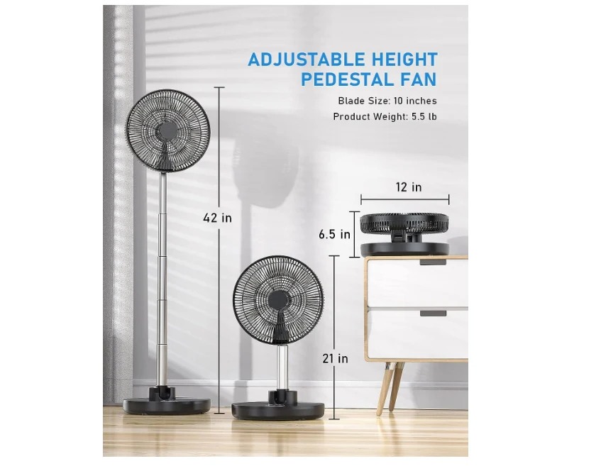 Dobrável oscilante Standing Fan com controle remoto, portátil, silencioso, recarregável, configuração do temporizador, piso, quarto, casa, escritório, 12"