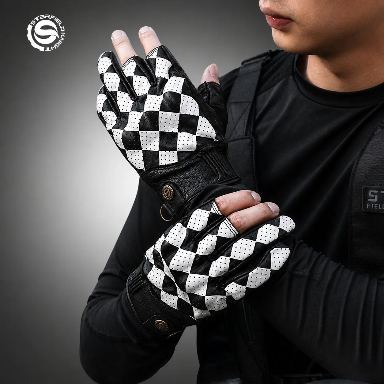 STAR FIELD KNIGHT SKG-566 Summer Motorcycle Half Finger Gloves Men Breathable Goatskin Cowhide Retro Riding Gear Black White view 2