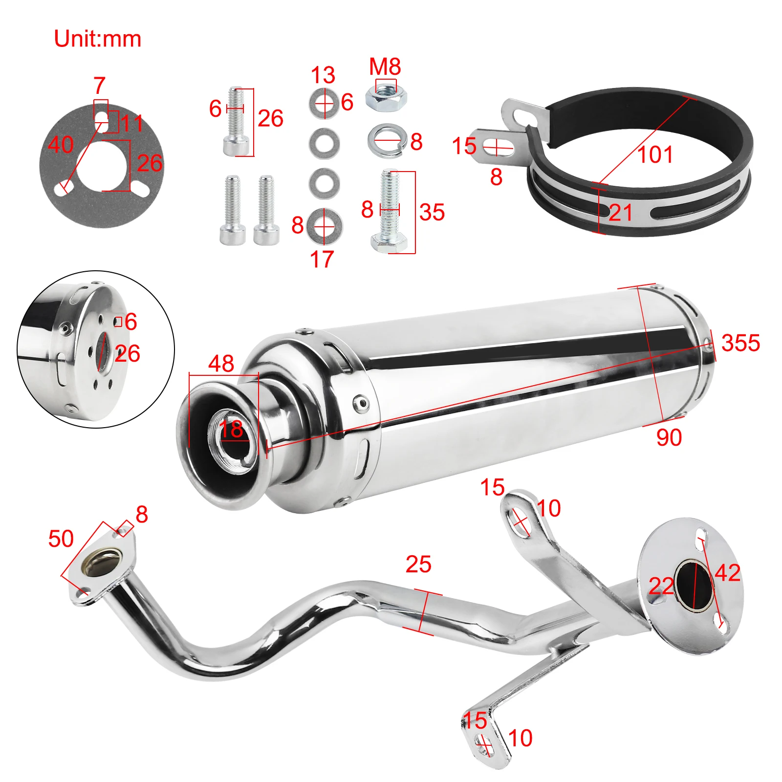 Motorcycle Exhaust Muffler Scooter Performance Exhaust Stainless Pipe For GY6 50CC 80CC 100CC Scooter QMB139