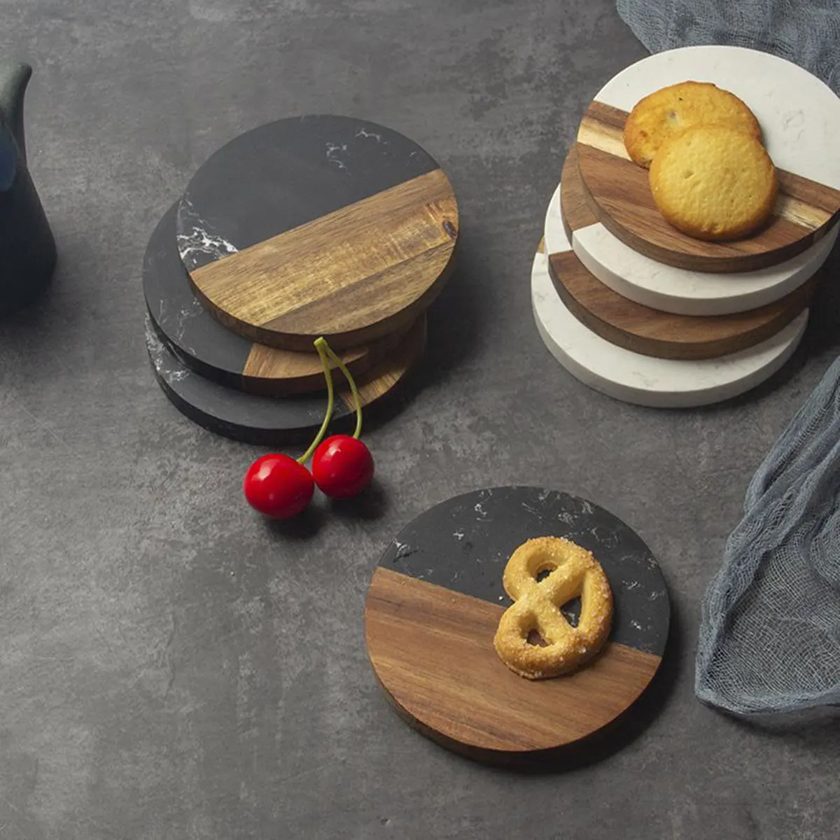 

Marble & Solid Wood Coaster Set - Coffee/Tea | Heat-Resistant Round Cushion Design, Anti-Scald Creative Home Decor